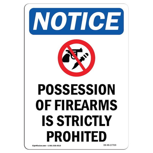Signmission OSHA Notice Sign, 14" H, 10" W, Rigid Plastic, Possession Of Firearms Sign With Symbol, Portrait OS-NS-P-1014-V-17709 - main